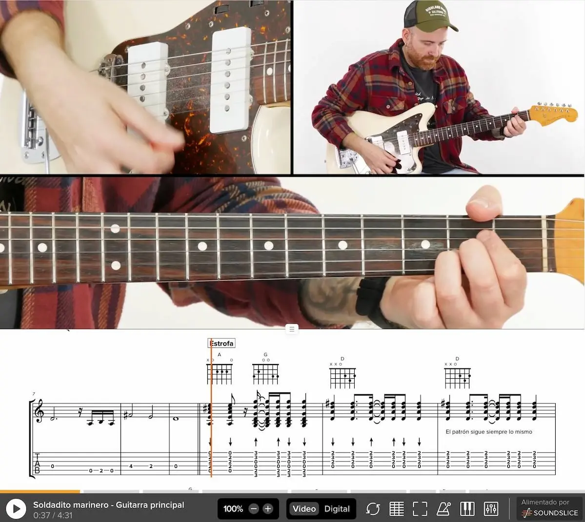 Reproductor interactivo de Guitarlions con vídeo multicámara y tablatura sincronizada